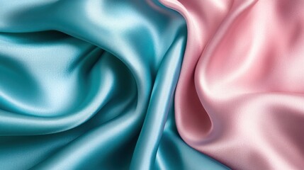 Obraz premium Blue-green-blue satin silk background with gradient pink accents, wavy folds, and a shiny fabric texture, providing a beautiful space for design