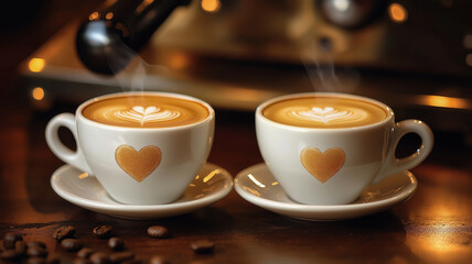 Two steaming latte cups with heart-shaped foam art, symbolizing love, warmth, and cozy moments in a coffee shop.