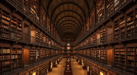 Ancient library, grand arched ceiling, long corridor, rows of bookshelves, wooden desks, warm lighting, historical ambiance, ornate architecture, symmetrical composition, sepia tones, knowledge reposi