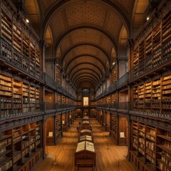 Fototapeta premium Ancient library, grand arched ceiling, long corridor, rows of bookshelves, wooden desks, warm lighting, historical ambiance, ornate architecture, symmetrical composition, sepia tones, knowledge reposi