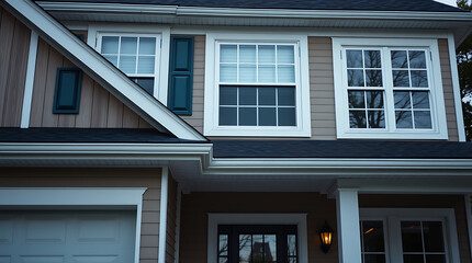 Fototapeta premium Two-Story House Exterior with Windows and Garage Door