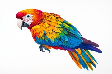 Fototapeta premium Vivid Scarlet Macaw with Intricate Feathers - A vibrant scarlet macaw, showcasing intricate feather patterns and brilliant colors, symbolizes freedom, beauty, nature's artistry, tropical paradise, and