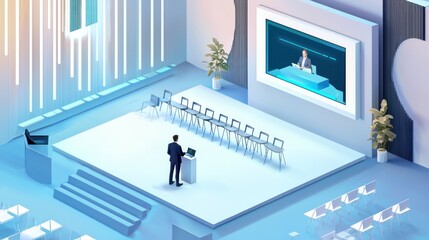 Modern Conference Room with Virtual Presenter and Attendees