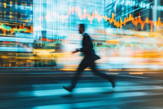 Dynamic businessman in motion overlaid with financial market trends and growth analytics