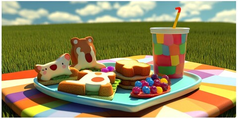 A colorful picnic scene featuring playful snacks and a drink on a checkered blanket.