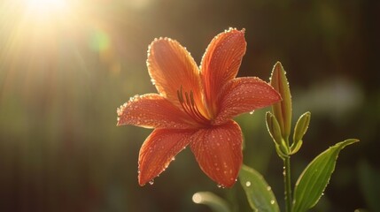 A vibrant flower with water droplets on its petals, placed against a soft, blurred background, with droplets glistening in the sunlight