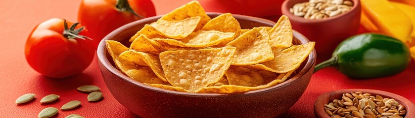 Delicious crispy nacho chips served in a bowl with fresh vegetables and seeds on a vibrant background