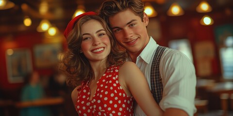 A young Caucasian couple smiles affectionately in a warm-lit restaurant Ideal for romance dating or relationship themes