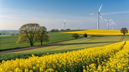 Tranquil Field of Flowers with Wind Turbines and Rolling Green Hills V7
