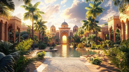 Fototapeta premium A stunning palace garden with lush greenery, a tranquil pool, and ornate architecture under a vibrant sky, evoking a sense of tranquility and luxury.
