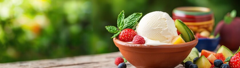 Fresh and Colorful Dessert Bowl with Ice Cream and Fruits on a Wooden Table in Natural Light