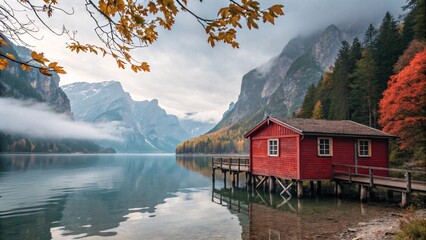 Fototapeta premium Tranquil Lake Scene with Rustic Cabin, Misty Mountains & Autumn V2
