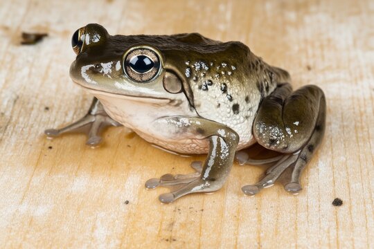 Dendropsophus ebraccatus displays faded colors on wooden surface in natural habitat during daylight hours