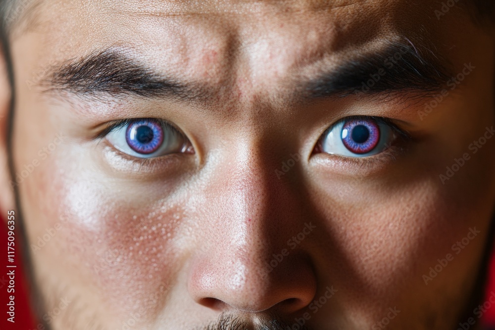 Poster A close-up image of a man's unique eyes with striking colors, creating a captivating spectacle that draws attention and ignites curiosity in the viewer.