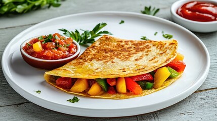 Vibrant Vegetable Cheddar Omelette Served with Salsa and Condiments