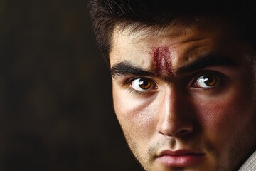 Fototapeta premium This portrait features a young man with a prominent marking on his forehead, conveying a sense of intrigue, personality, and raw emotion through his captivating gaze.