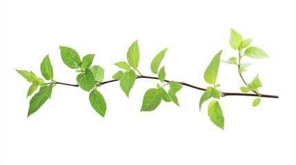 Fototapeta premium Spring branch with fresh green leaves on white background; nature, growth, renewal.