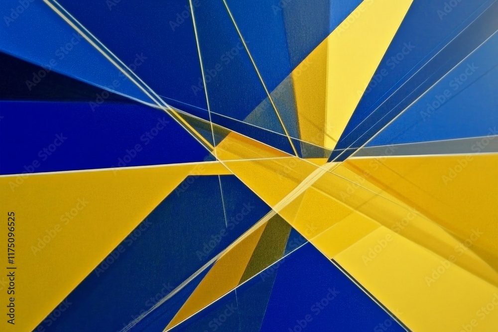 Aufkleber This striking artwork features sharp angles and a vibrant interplay of blue and yellow, evoking feelings of dynamism and modernity in a captivating abstract composition.
