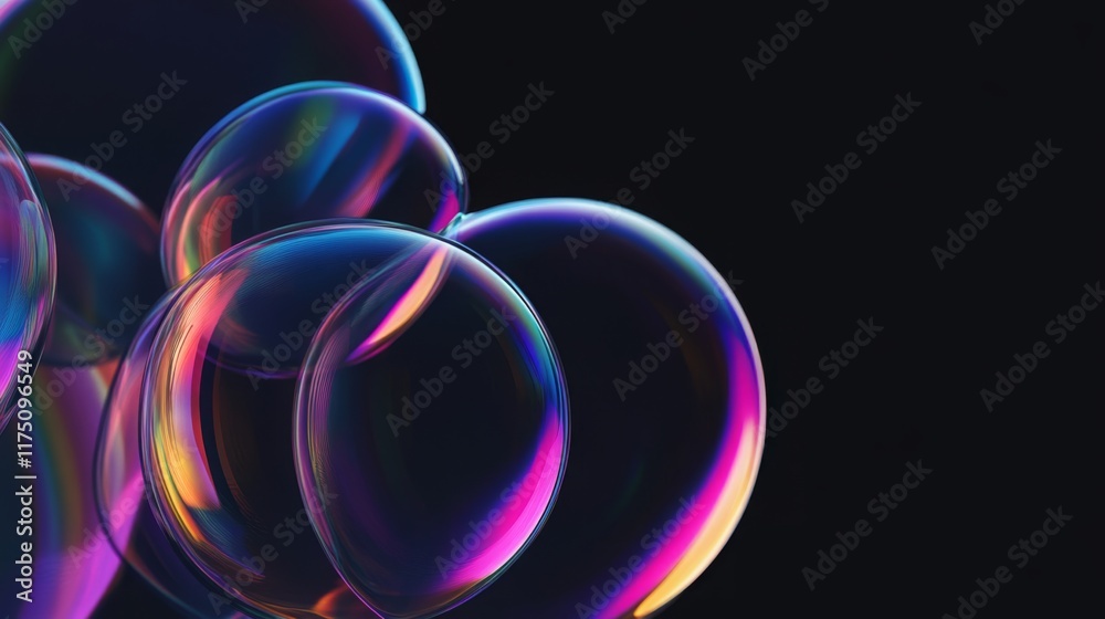 Wall mural glowing soap bubbles isolated on black background. abstract soapy random spheres 3d brutalism design