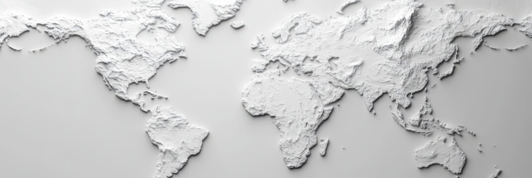 Fototapeta Global Satellite View World Map Relief - A textured, 3D  of a world map showing continents and oceans.  Global perspective, physical geography,  elevated relief, textured surface, monochromatic.