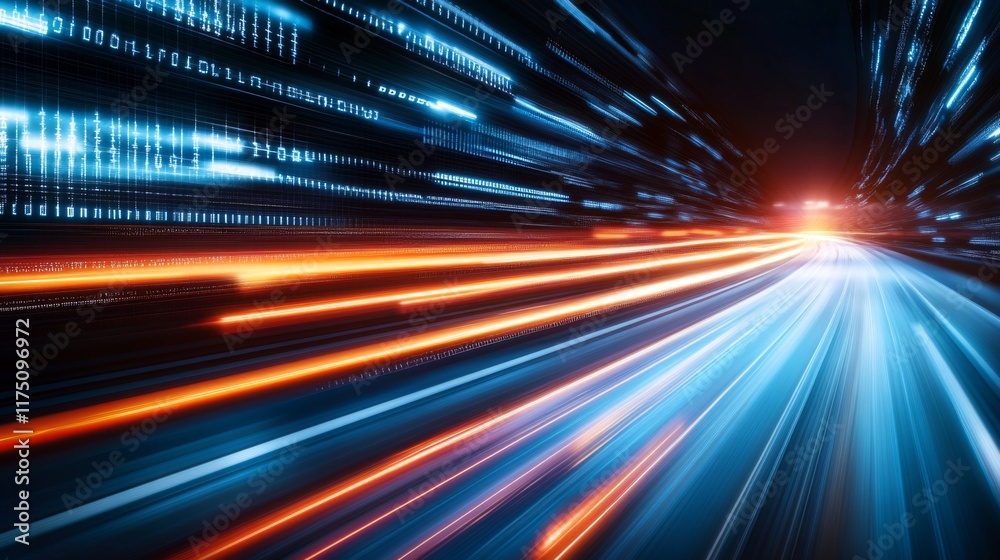 Poster A vibrant light streak speeding through a futuristic grid-like space, creating an illusion of rapid movement and light-speed travel through a digital landscape
