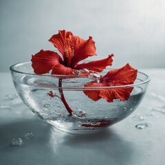 A red hibiscus floating in a white crystal-clear water bowl.