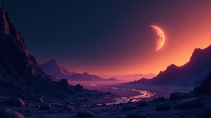 Naklejka premium Crimson Crescent Moon Over a Serene Alien Landscape with Winding River and Rocky Terrain