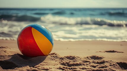 Obraz premium Beach Ball Resting On Sandy Shore Near Ocean Waves