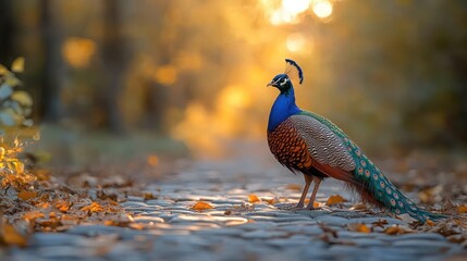 Majestic peacock on autumn path at sunset.