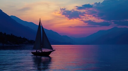 Fototapeta premium Sailboat at Sunset Mountain Lake Scene
