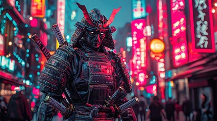 Fototapeta premium A striking samurai stands in a neon-lit street, adorned in traditional armor, blending history with a vibrant modern backdrop.