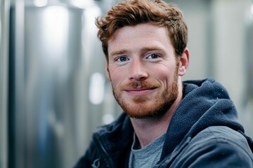 Obraz premium Smiling redhead in a dark jacket.