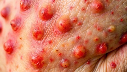 Fototapeta premium Red, swollen, itchy skin reaction from chigger bites on human leg close-up. Medical dermatology.