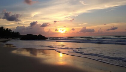 Naklejka premium Tropical beach sunset, calm waves, golden light