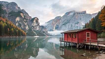 Tranquil Lake Scene with Rustic Cabin, Misty Mountains & Autumn V8