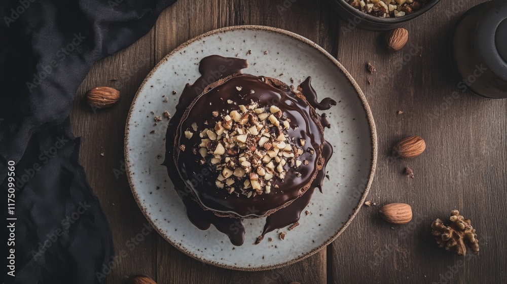 Poster a waffle covered in melted chocolate and crushed nuts, presented on a rustic wooden table with contr
