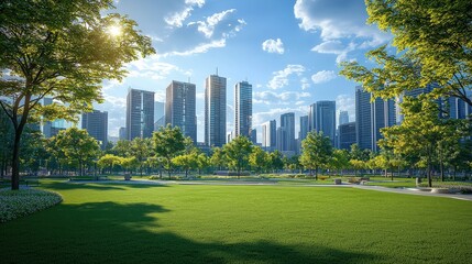 Obraz premium A vibrant cityscape featuring modern skyscrapers surrounded by lush greenery and a bright blue sky, showcasing urban nature integration.