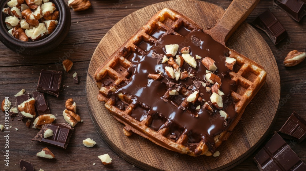 Poster a waffle covered in melted chocolate and crushed nuts, presented on a rustic wooden table with contr