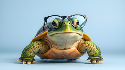 Cute little green turtle with glasses in front of studio background. Generative AI