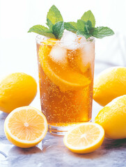 Fototapeta premium Refreshing iced tea with lemon and mint on marble surface