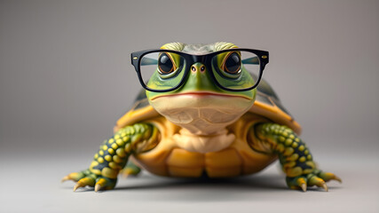 Cute little green turtle with glasses in front of studio background. Generative AI