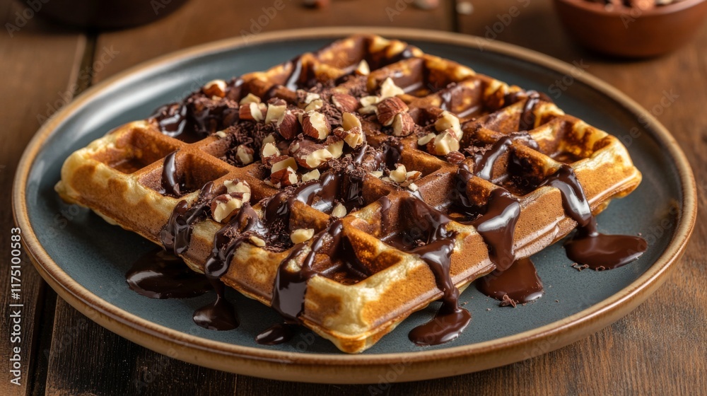Aufkleber a waffle covered in melted chocolate and crushed nuts, presented on a rustic wooden table with contr