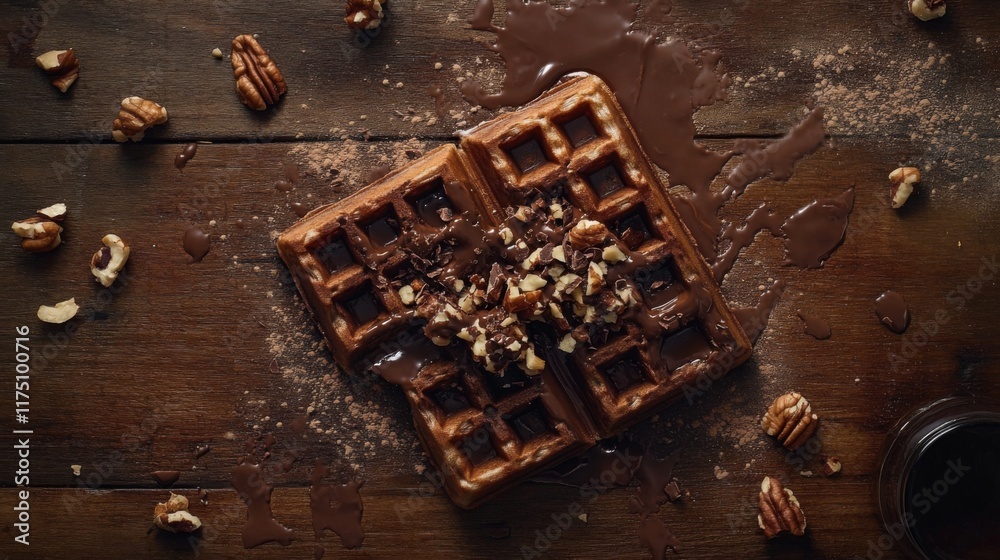 Poster a waffle covered in melted chocolate and crushed nuts, presented on a rustic wooden table with contr