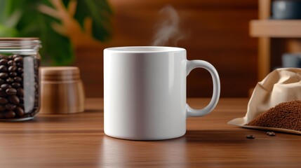 Fototapeta premium White Mug Mockup in Cozy Coffee Bar. Generative AI