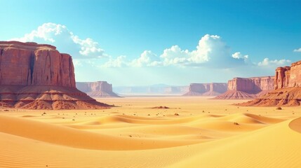 Fototapeta premium Arid landscape showcasing majestic sandstone formations under a vibrant sky with puffy clouds, creating a breathtaking desert vista.