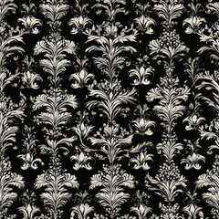 A classic damask pattern featuring intricate white floral designs on a deep black background, ideal for elegant textiles, wallpapers, and sophisticated decor.