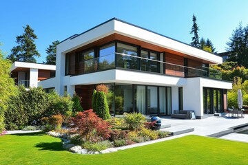 Modern house, landscaped yard, sunny day.