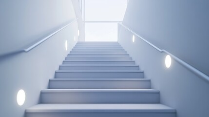 Fototapeta premium A minimalist staircase with clean white walls, a sleek handrail, and simple lighting fixtures.