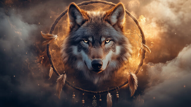 Majestic wolf's head surrounded by a dreamcatcher