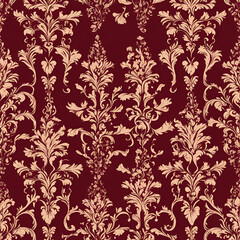 Fototapeta premium An elegant vintage floral pattern in gold on a rich burgundy background, perfect for wallpaper, textiles, and sophisticated design projects.